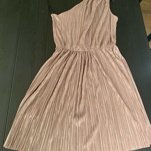 BCBG shimmery taupe, one-shoulder dress.